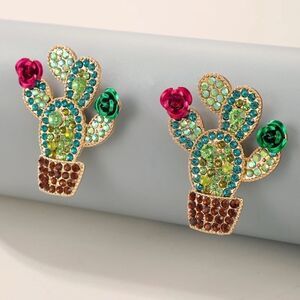 Flowering Cactus Earrings Rhinestone Green Pink